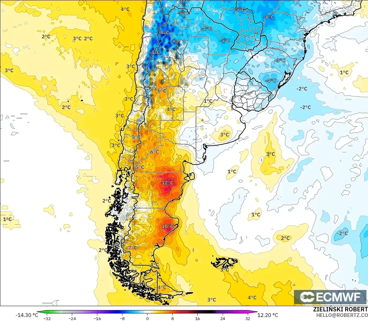 ECMWF IFS 0.25° model - Arjantin, 2 m Sıcaklık Anomalisi