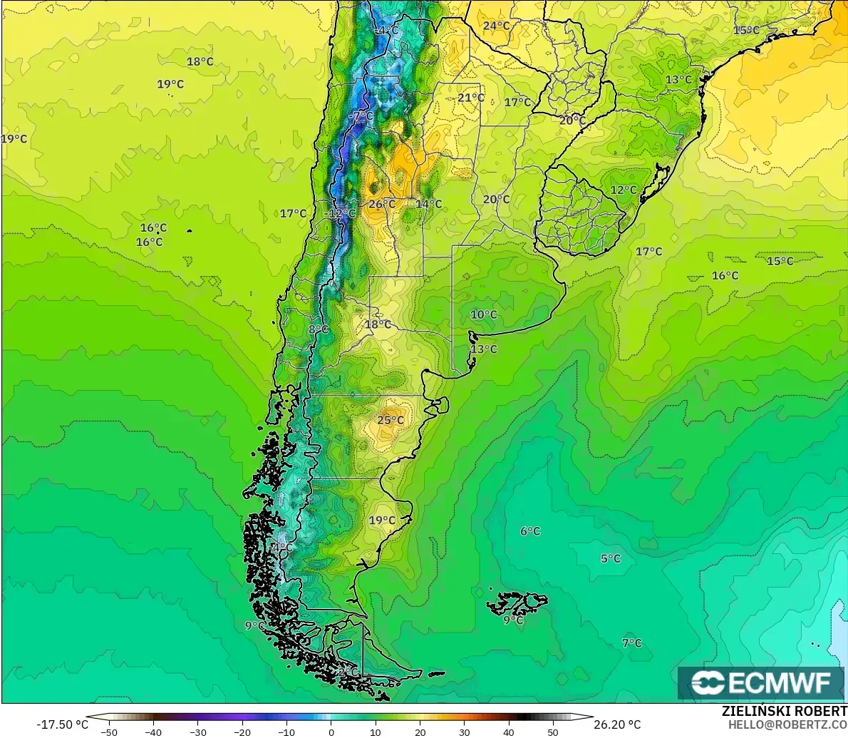 ECMWF IFS 0.25° model - Arjantin, 2 m Sıcaklık