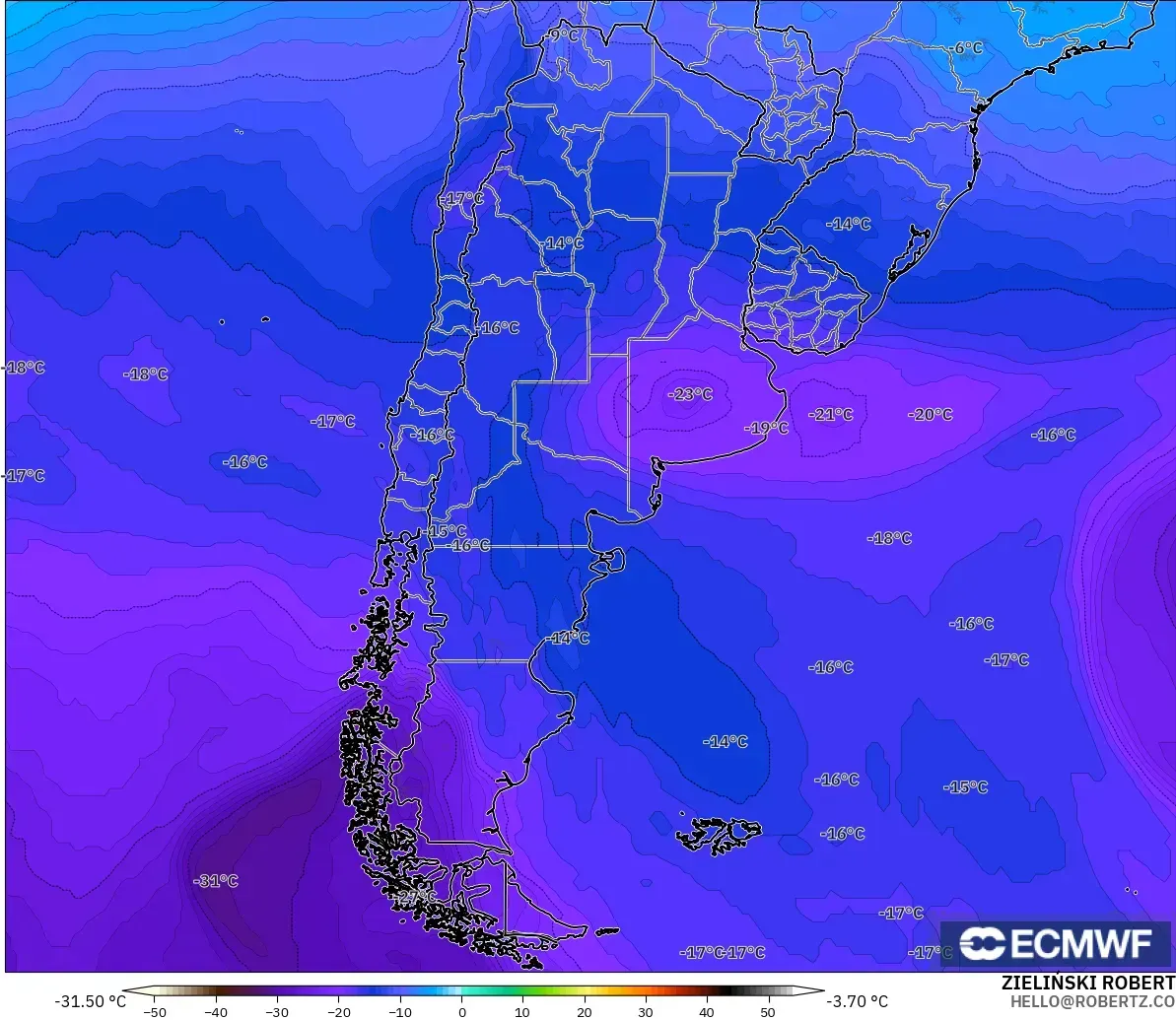 ECMWF IFS 0.25° model - Arjantin, 500 hPa Sıcaklık