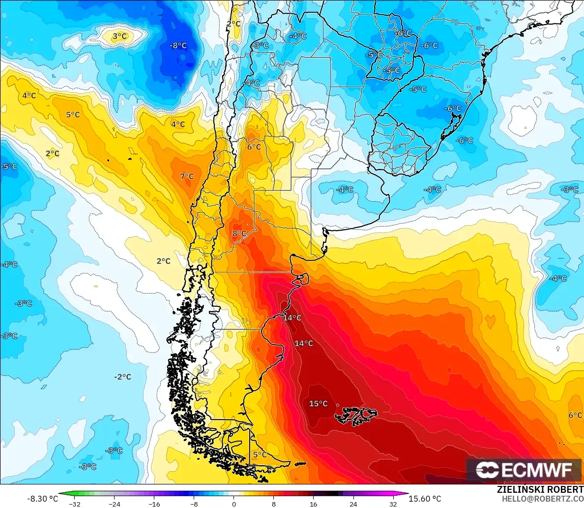ECMWF IFS 0.25° model - Arjantin, 850 hPa Sıcaklık Anomalisi