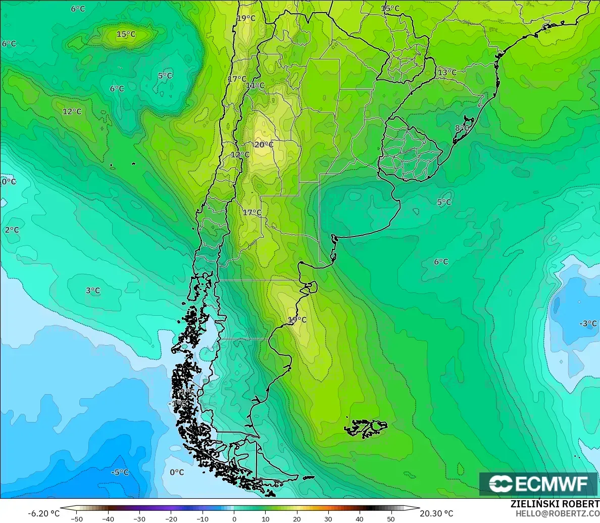 ECMWF IFS 0.25° model - Arjantin, 850 hPa Sıcaklık