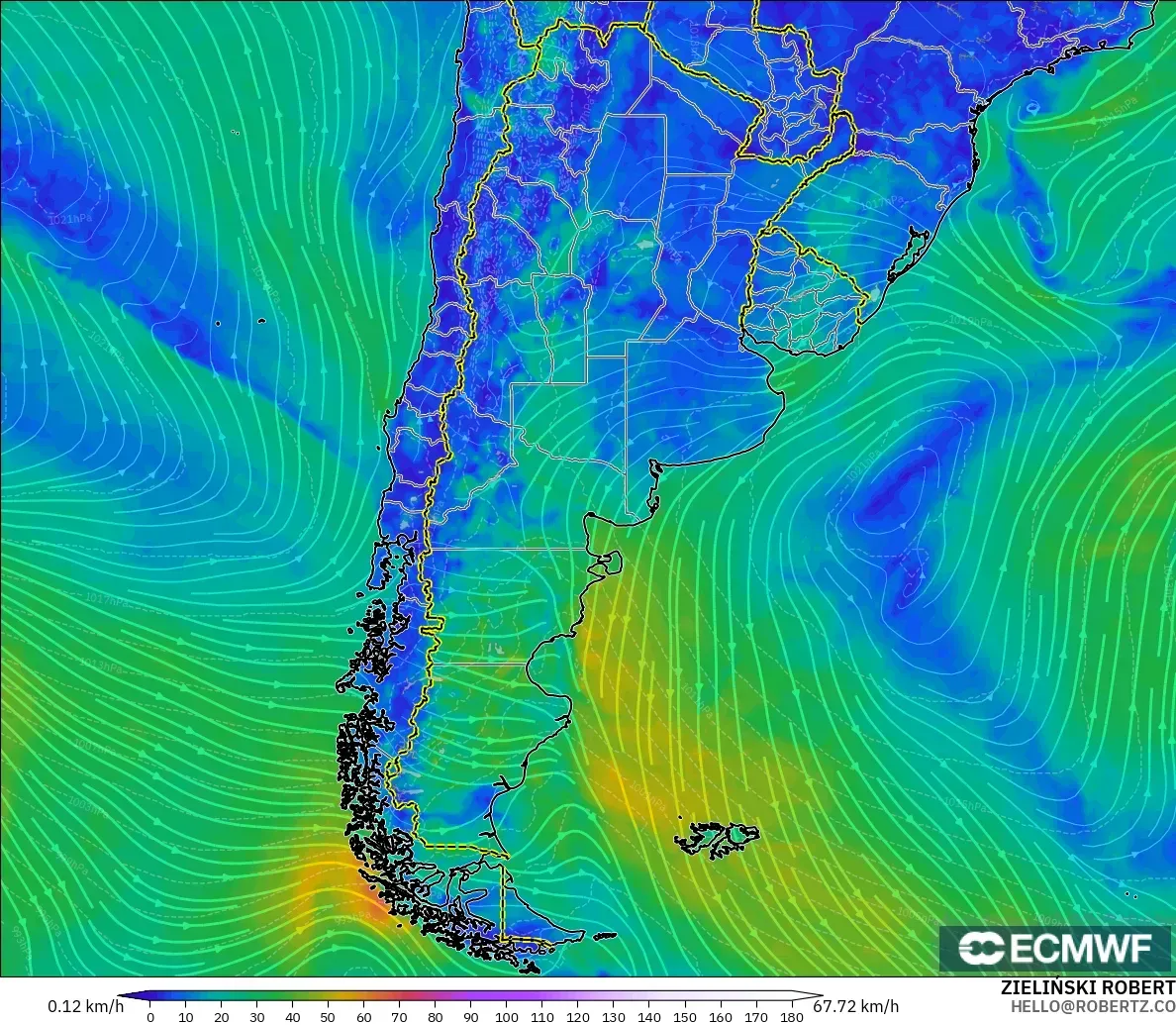 ECMWF IFS 0.25° model - Arjantin, 10 m Rüzgâr