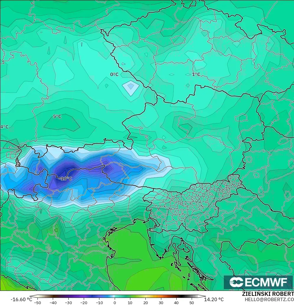 ECMWF IFS 0.25° model - Avusturya, 2 m Çiy Noktası