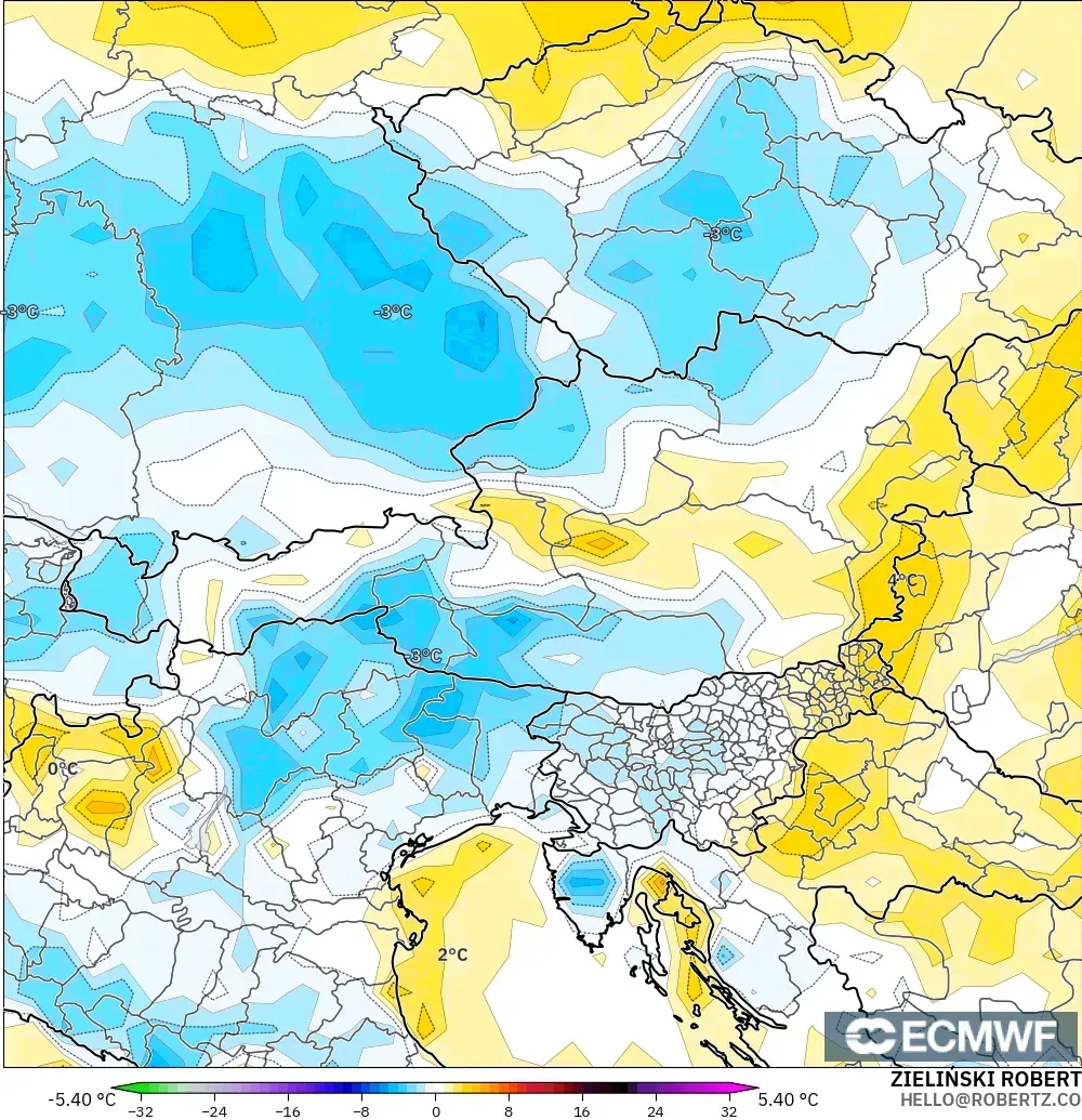 ECMWF IFS 0.25° model - Avusturya, 2 m Sıcaklık Anomalisi