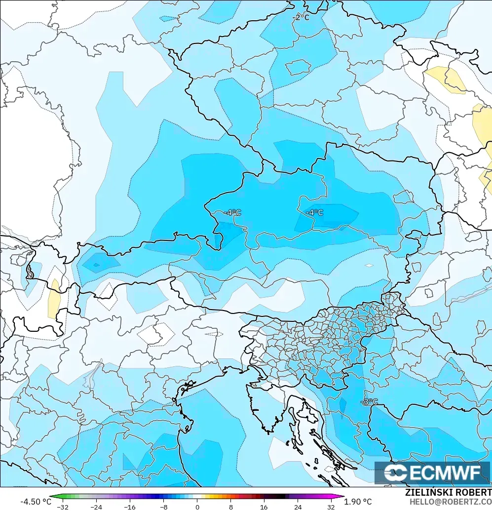 ECMWF IFS 0.25° model - Avusturya, 850 hPa Sıcaklık Anomalisi