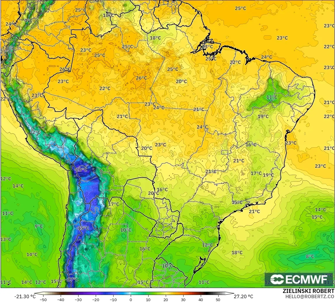 ECMWF IFS 0.25° model - Brezilya, 2 m Çiy Noktası
