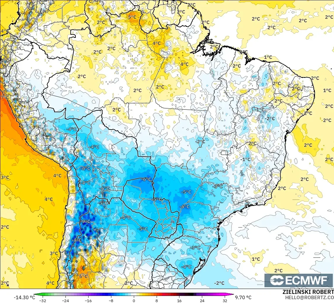 ECMWF IFS 0.25° model - Brezilya, 2 m Sıcaklık Anomalisi