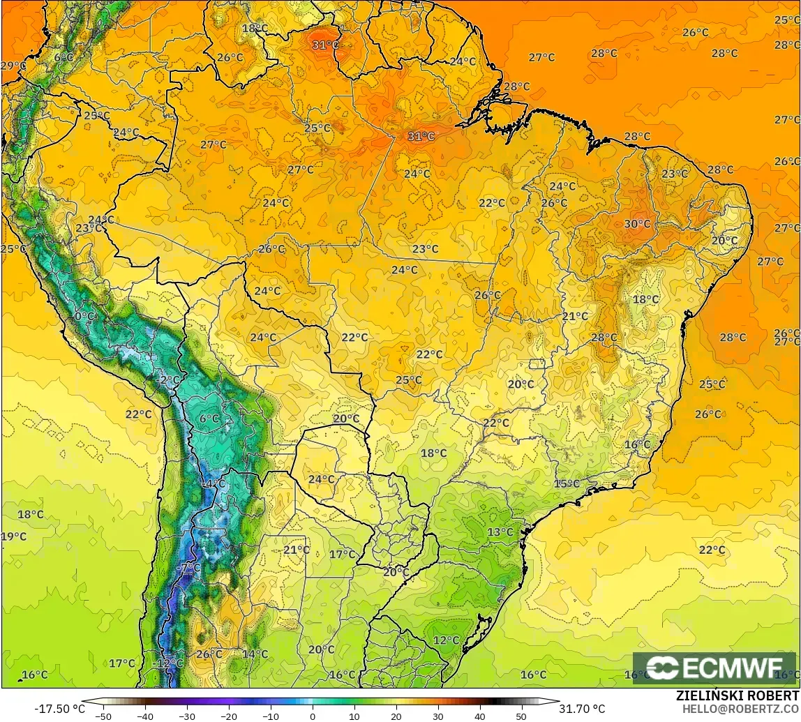 ECMWF IFS 0.25° model - Brezilya, 2 m Sıcaklık
