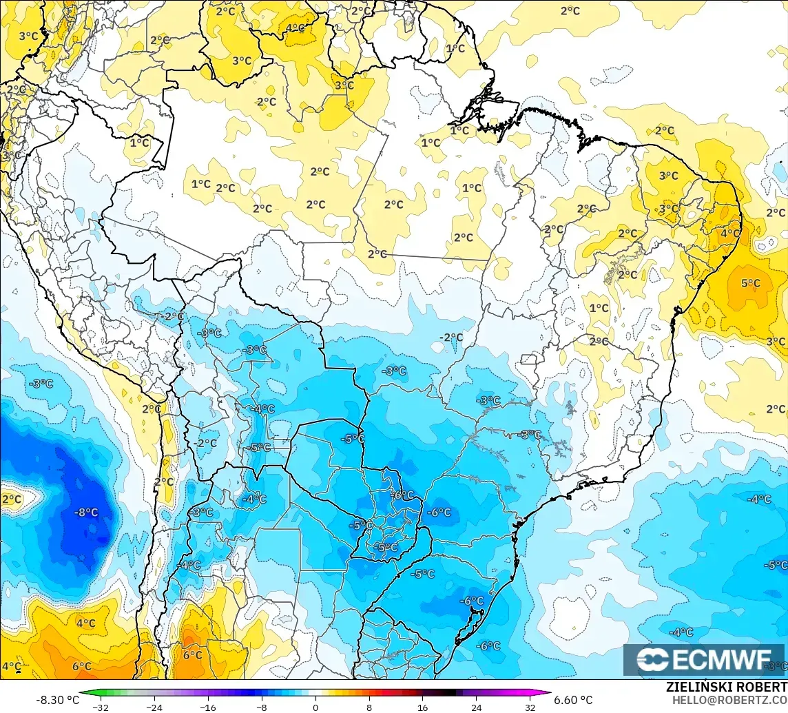 ECMWF IFS 0.25° model - Brezilya, 850 hPa Sıcaklık Anomalisi