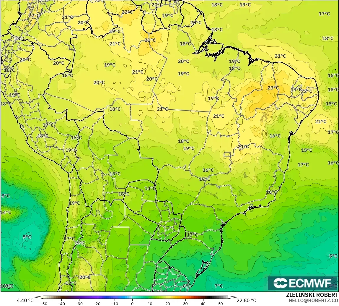 ECMWF IFS 0.25° model - Brezilya, 850 hPa Sıcaklık