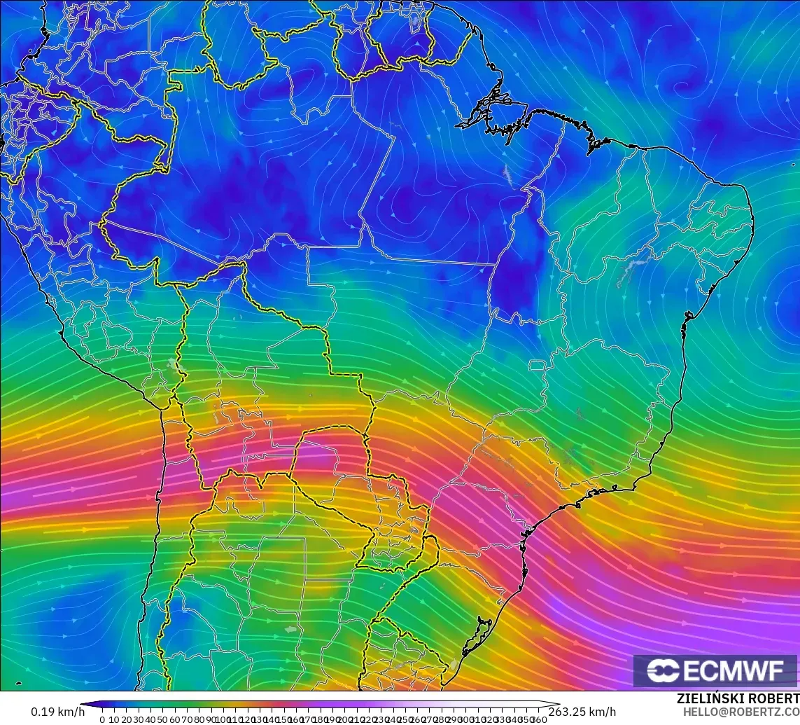ECMWF IFS 0.25° model - Brezilya, 300 hPa Rüzgârı (jet)