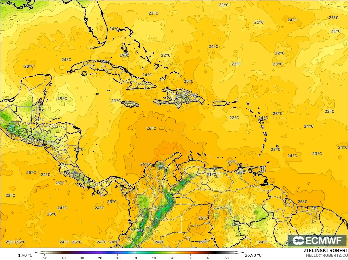 ECMWF IFS 0.25° model - Karayipler, 2 m Çiy Noktası