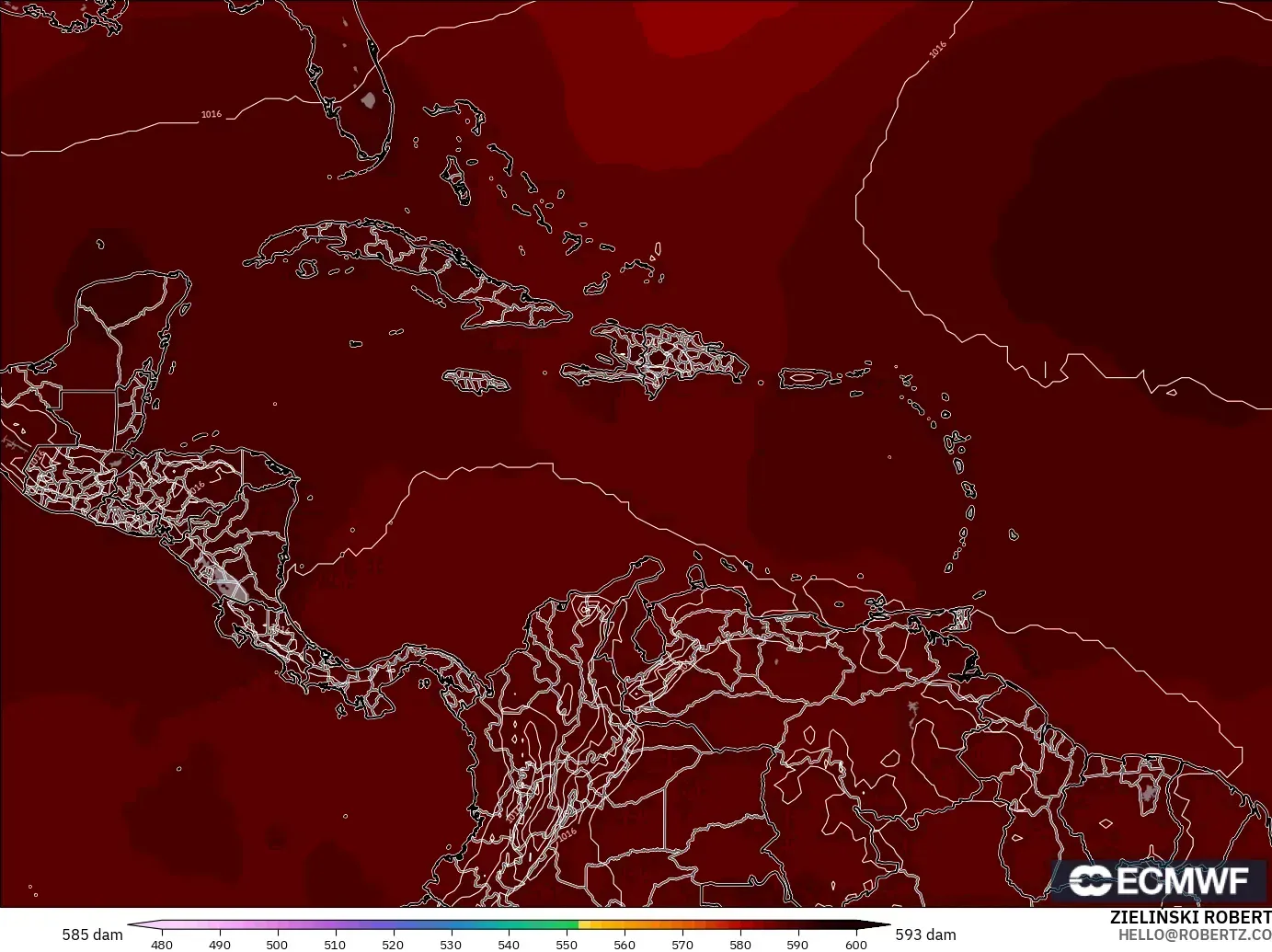 ECMWF IFS 0.25° model - Karayipler, 500 hPa’da jeopotansiyel yükseklik