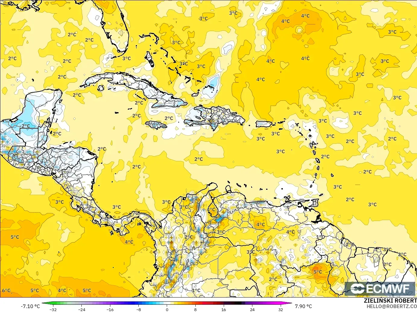 ECMWF IFS 0.25° model - Karayipler, 2 m Sıcaklık Anomalisi