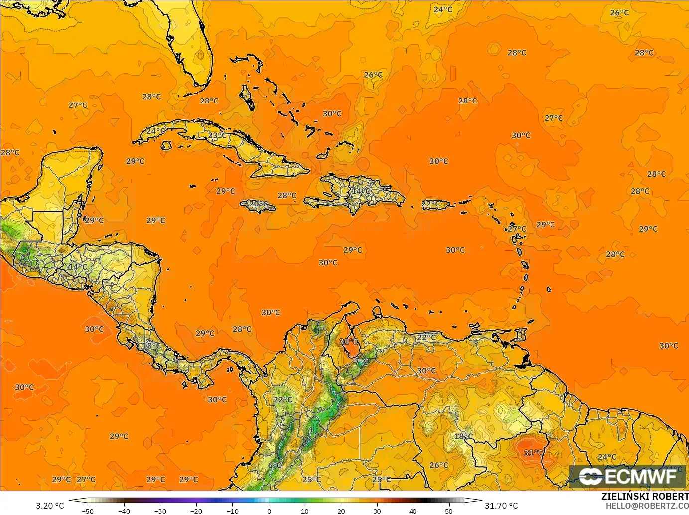 ECMWF IFS 0.25° model - Karayipler, 2 m Sıcaklık