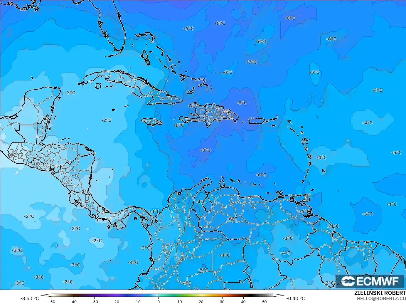 ECMWF IFS 0.25° model - Karayipler, 500 hPa Sıcaklık