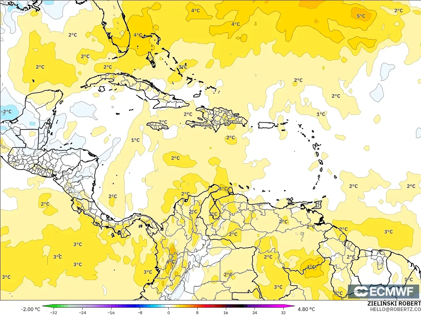 ECMWF IFS 0.25° model - Karayipler, 850 hPa Sıcaklık Anomalisi