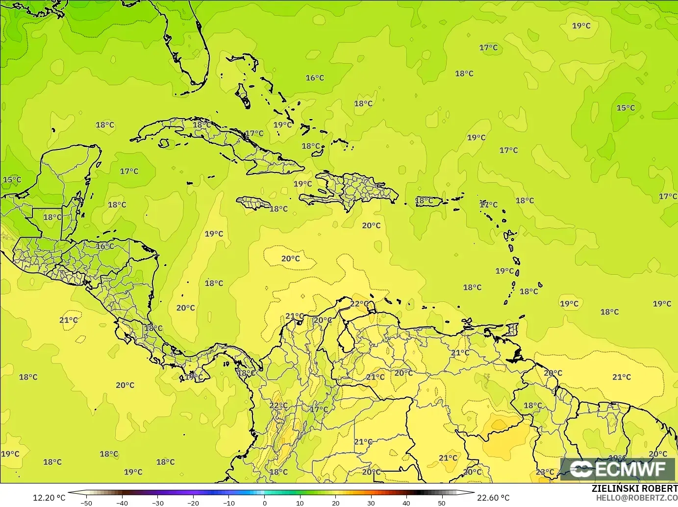ECMWF IFS 0.25° model - Karayipler, 850 hPa Sıcaklık