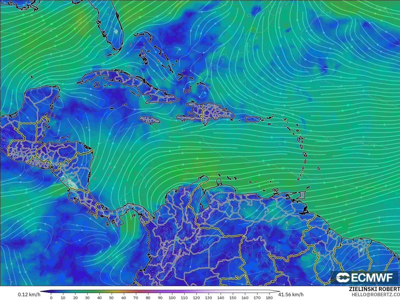 ECMWF IFS 0.25° model - Karayipler, 10 m Rüzgâr