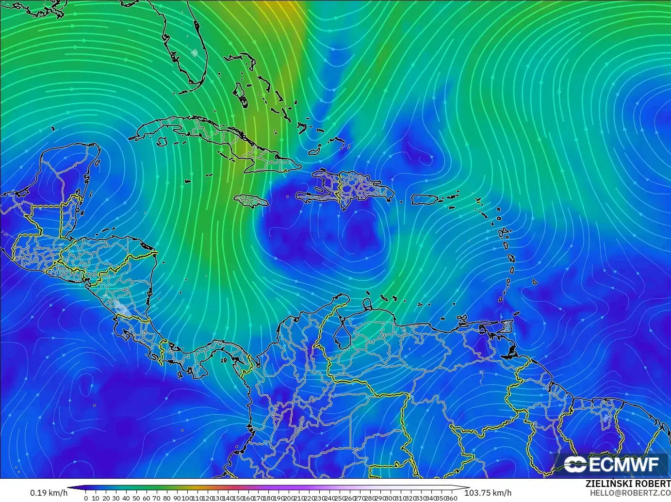ECMWF IFS 0.25° model - Karayipler, 300 hPa Rüzgârı (jet)