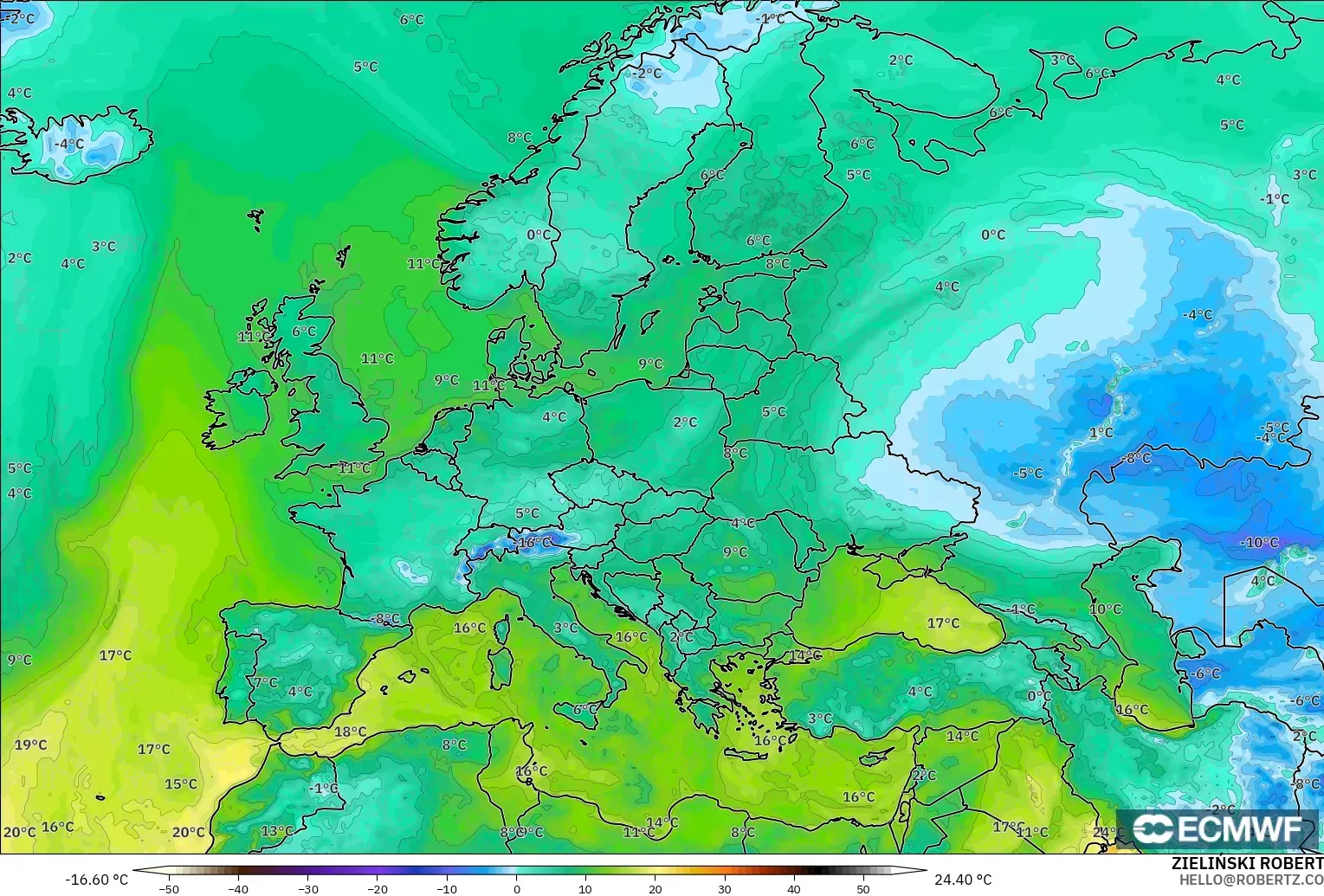 ECMWF IFS 0.25° model - Avrupa, 2 m Çiy Noktası