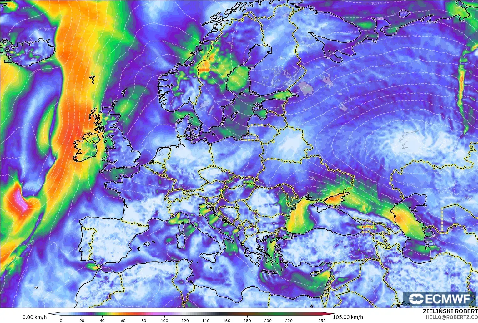 ECMWF IFS 0.25° model - Avrupa, Rüzgâr Esintileri
