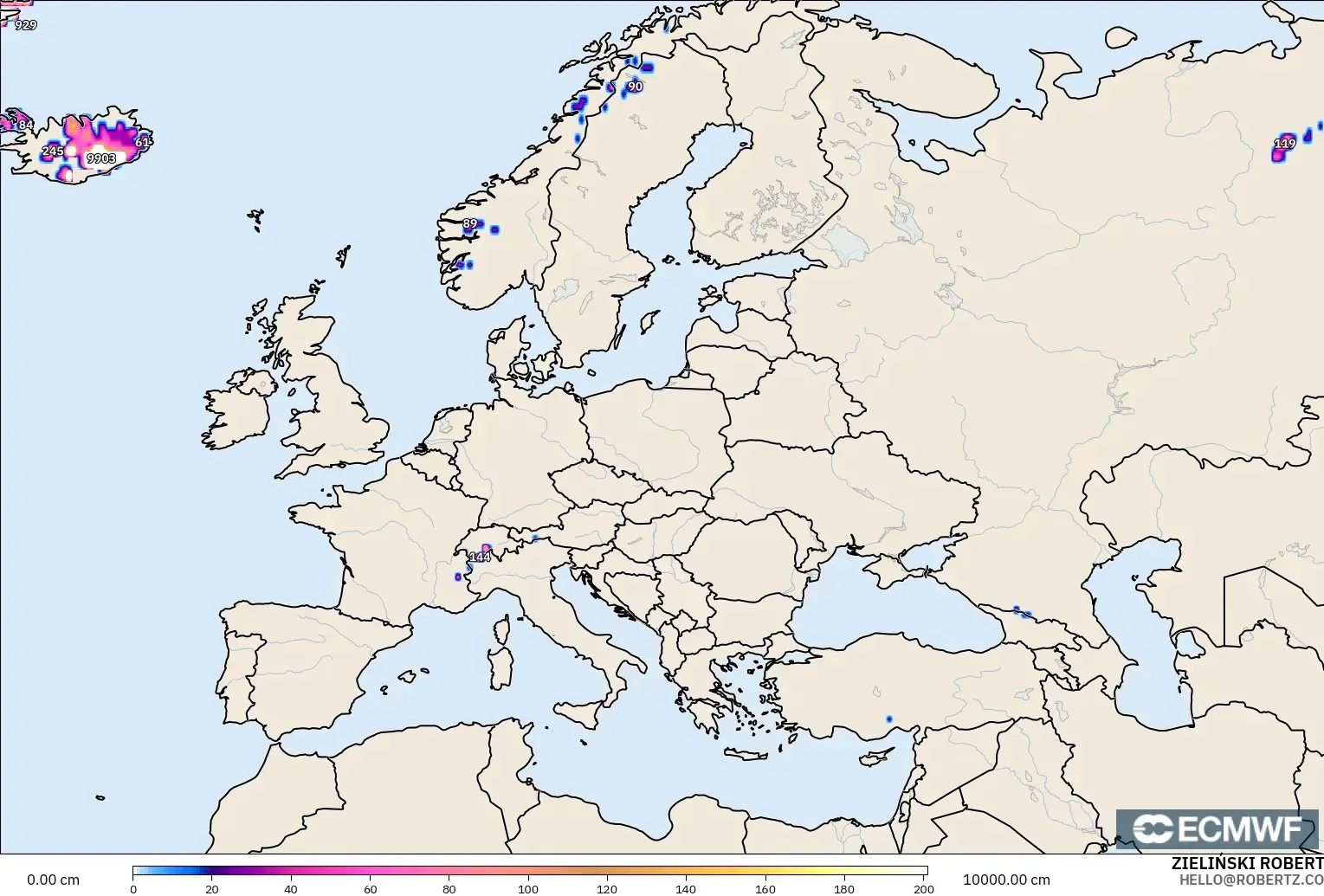 ECMWF IFS 0.25° model - Avrupa, Kar Kalınlığı