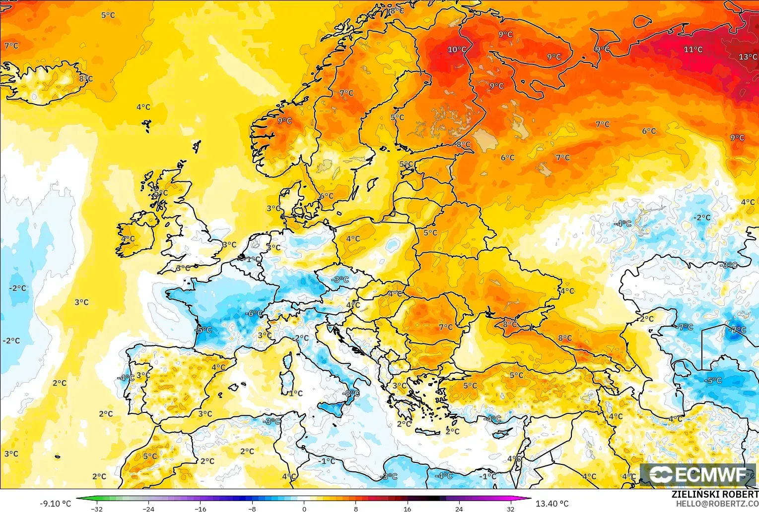 ECMWF IFS 0.25° model - Avrupa, 2 m Sıcaklık Anomalisi