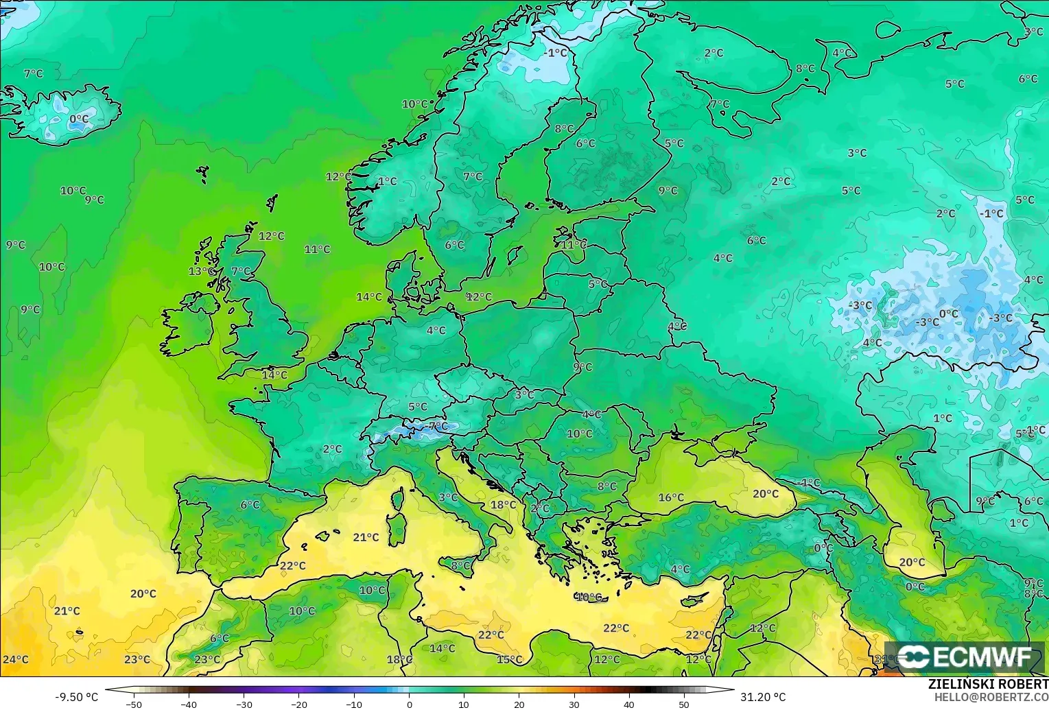 ECMWF IFS 0.25° model - Avrupa, 2 m Sıcaklık