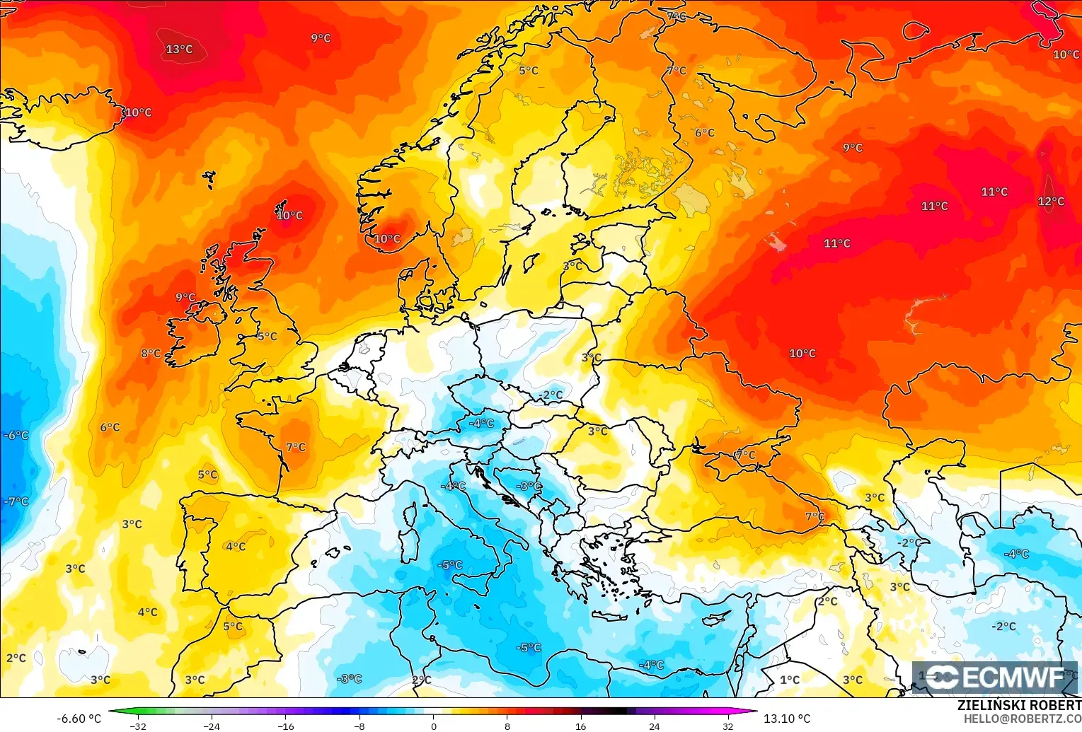 ECMWF IFS 0.25° model - Avrupa, 850 hPa Sıcaklık Anomalisi