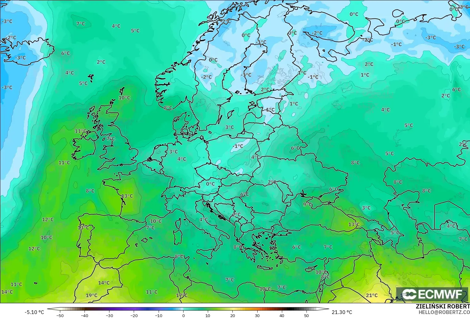 ECMWF IFS 0.25° model - Avrupa, 850 hPa Sıcaklık