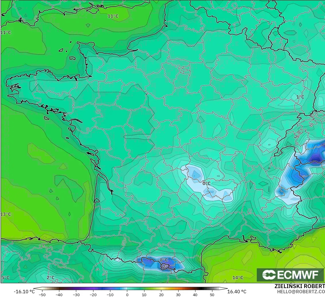 ECMWF IFS 0.25° model - Fransa, 2 m Çiy Noktası