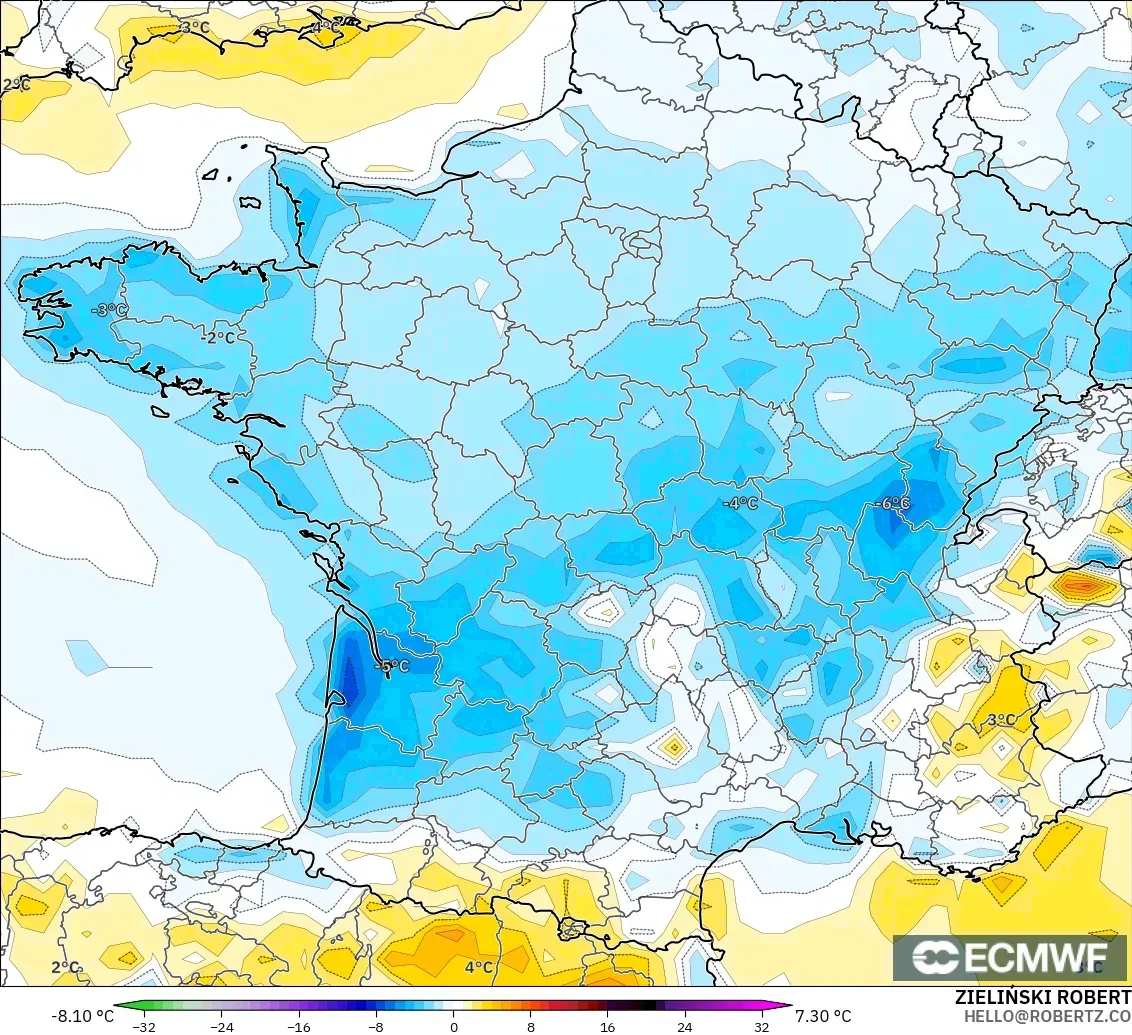 ECMWF IFS 0.25° model - Fransa, 2 m Sıcaklık Anomalisi
