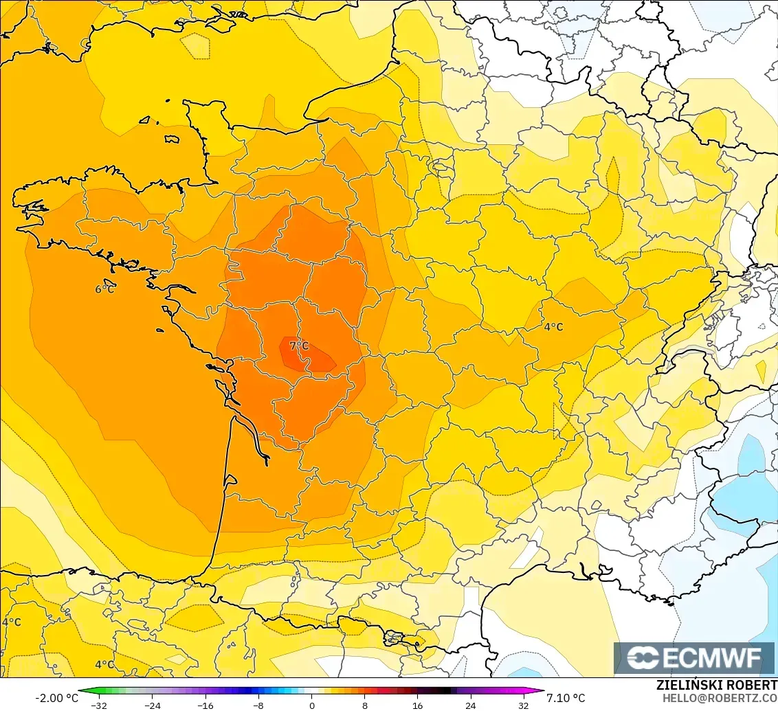 ECMWF IFS 0.25° model - Fransa, 850 hPa Sıcaklık Anomalisi