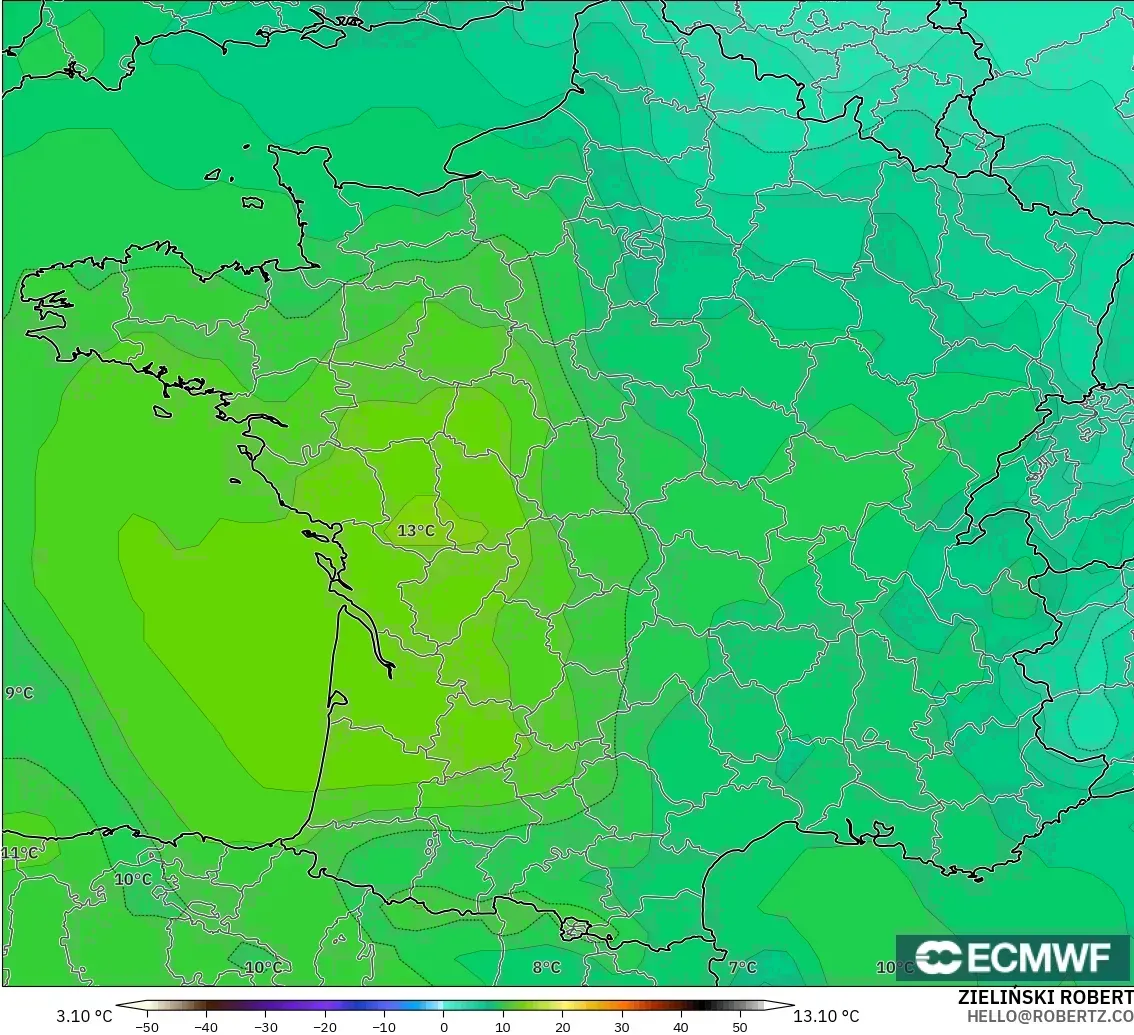 ECMWF IFS 0.25° model - Fransa, 850 hPa Sıcaklık