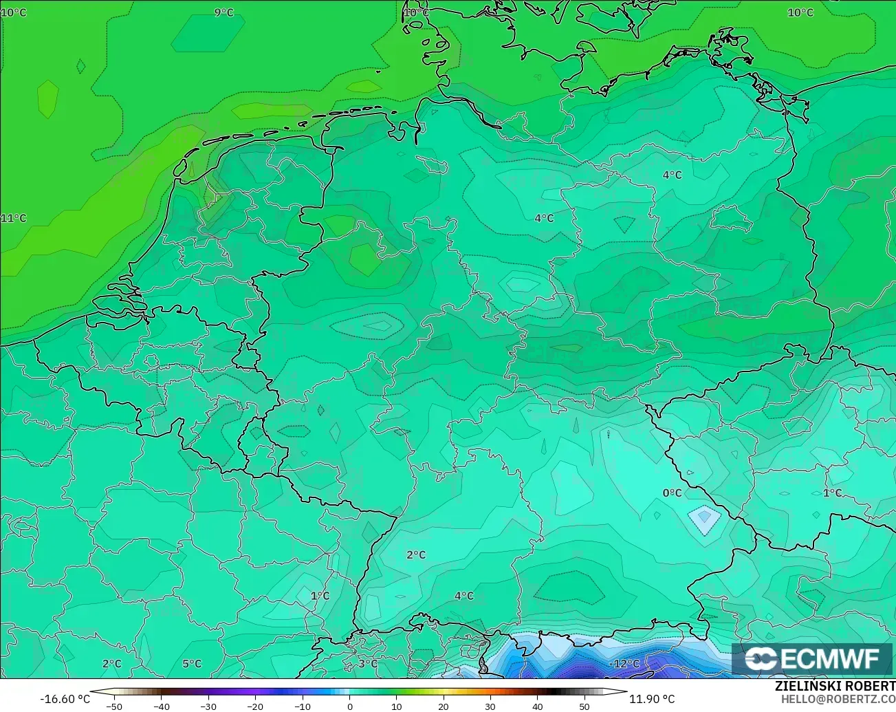 ECMWF IFS 0.25° model - Almanya, 2 m Çiy Noktası