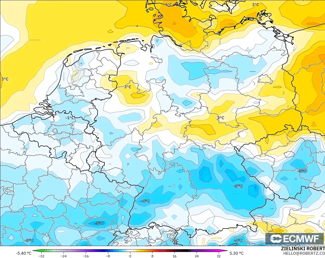 ECMWF IFS 0.25° model - Almanya, 2 m Sıcaklık Anomalisi