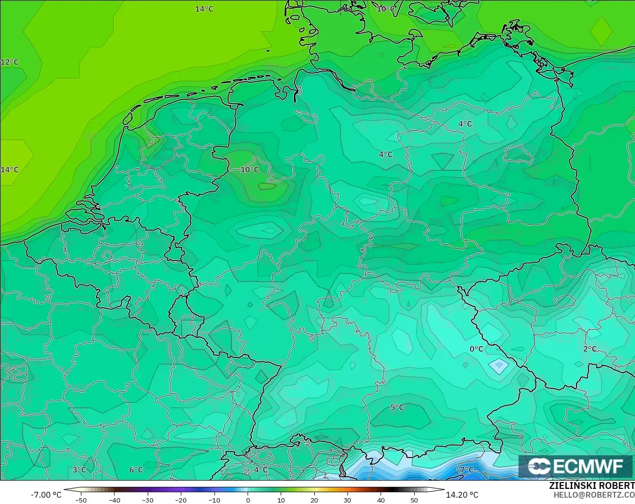 ECMWF IFS 0.25° model - Almanya, 2 m Sıcaklık