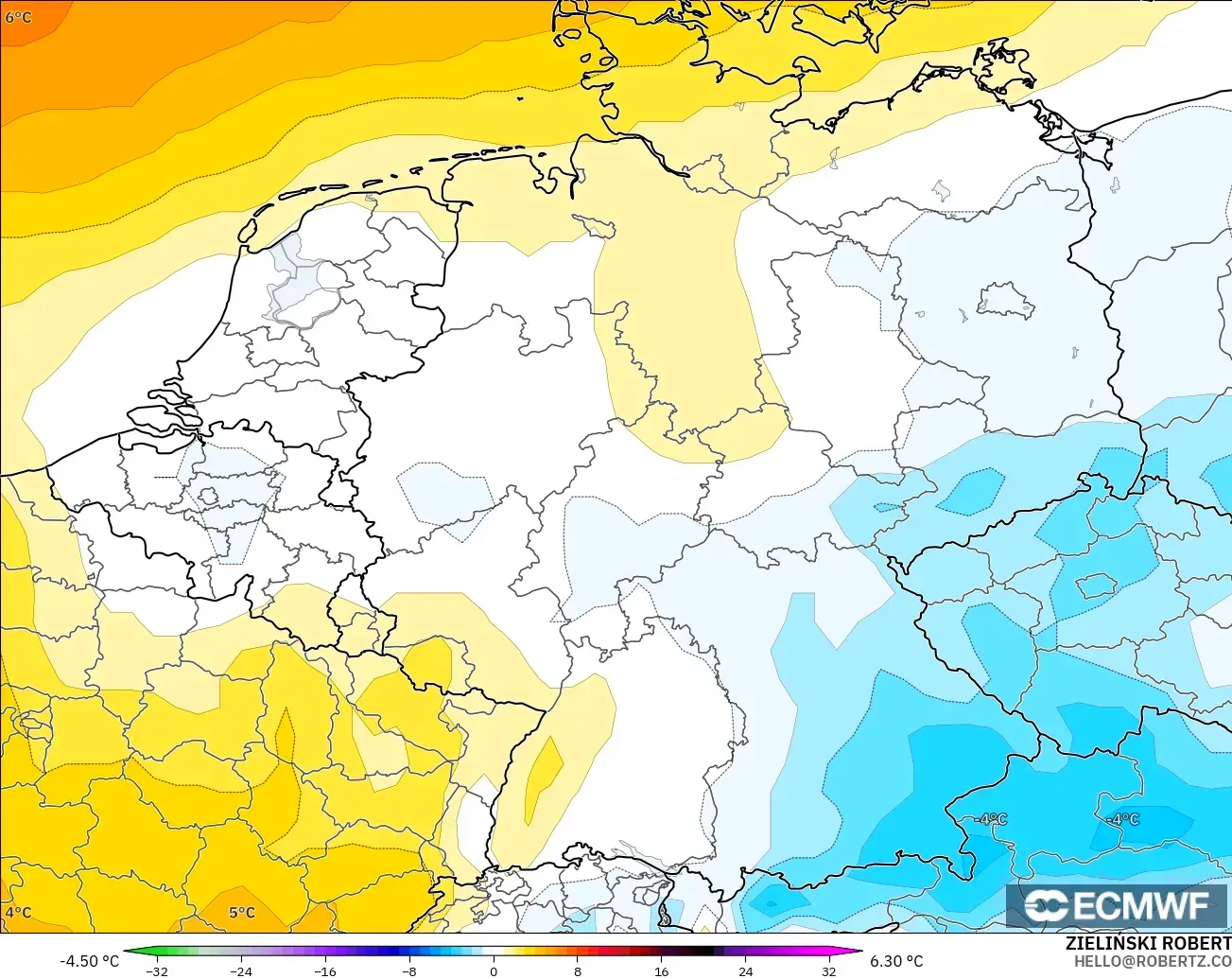 ECMWF IFS 0.25° model - Almanya, 850 hPa Sıcaklık Anomalisi