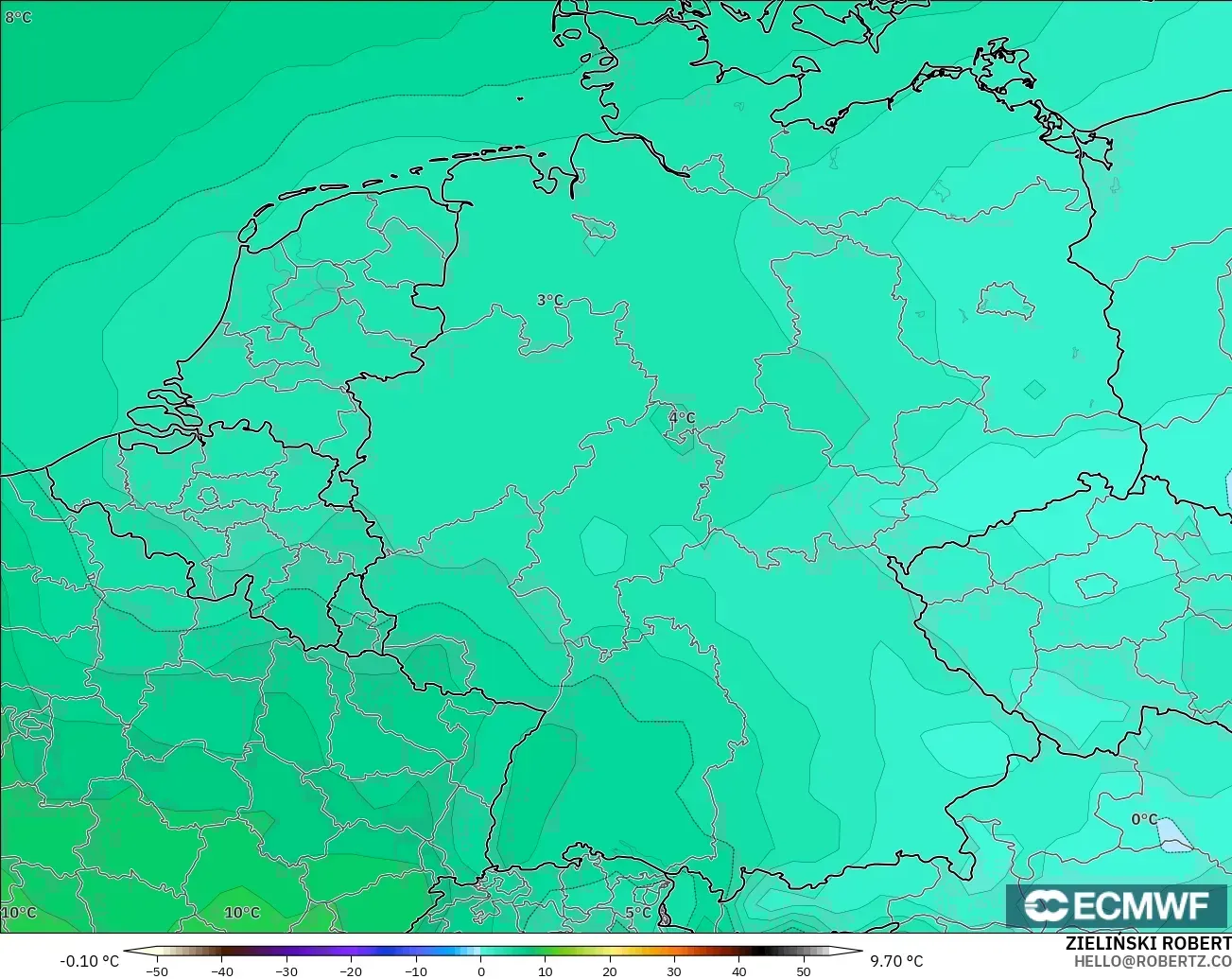 ECMWF IFS 0.25° model - Almanya, 850 hPa Sıcaklık