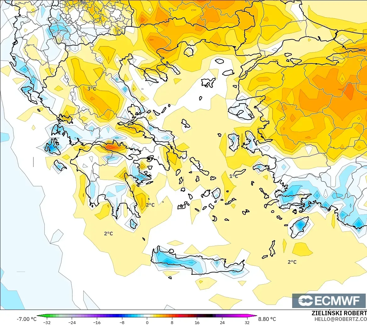 ECMWF IFS 0.25° model - Yunanistan, 2 m Sıcaklık Anomalisi