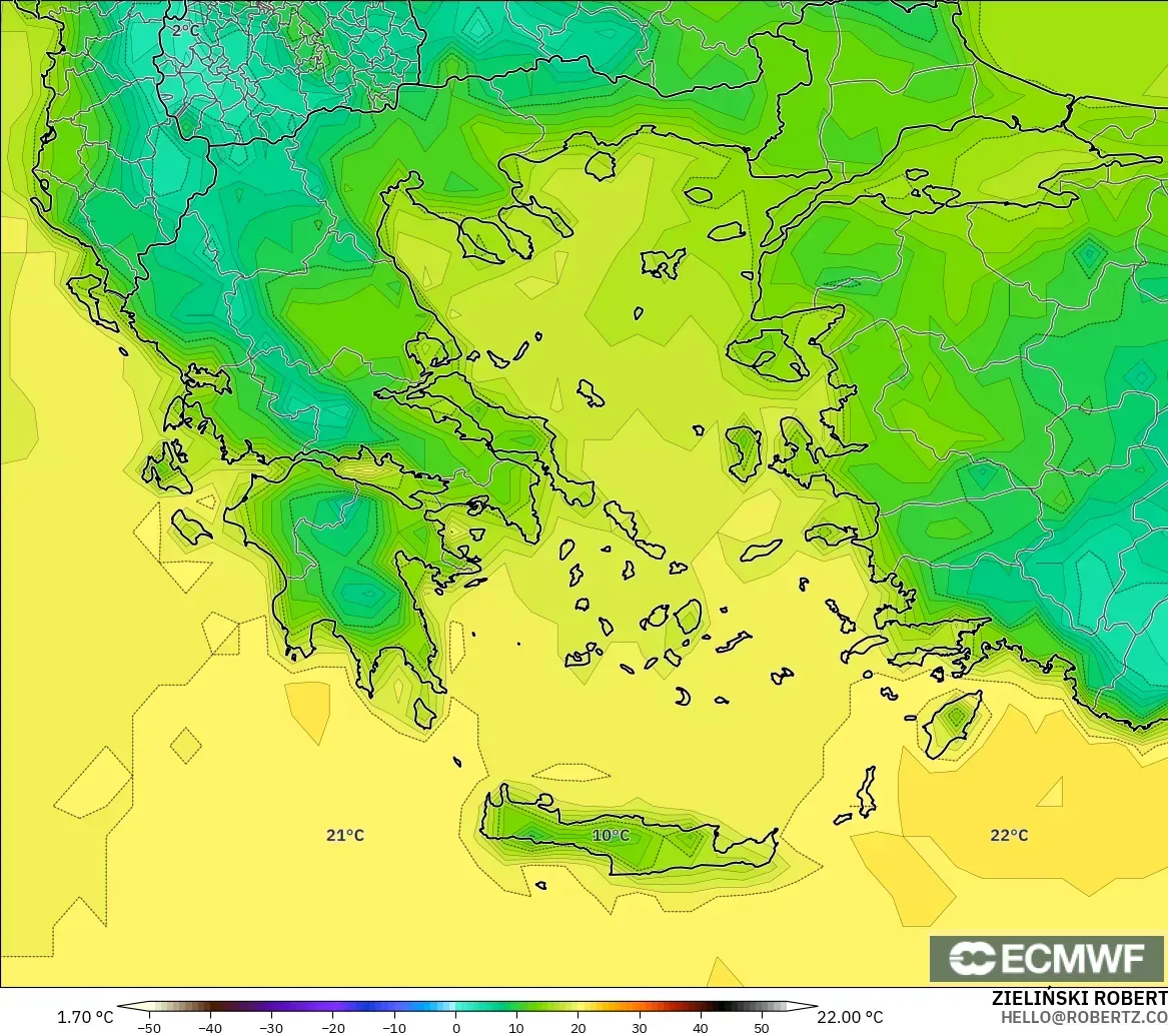 ECMWF IFS 0.25° model - Yunanistan, 2 m Sıcaklık