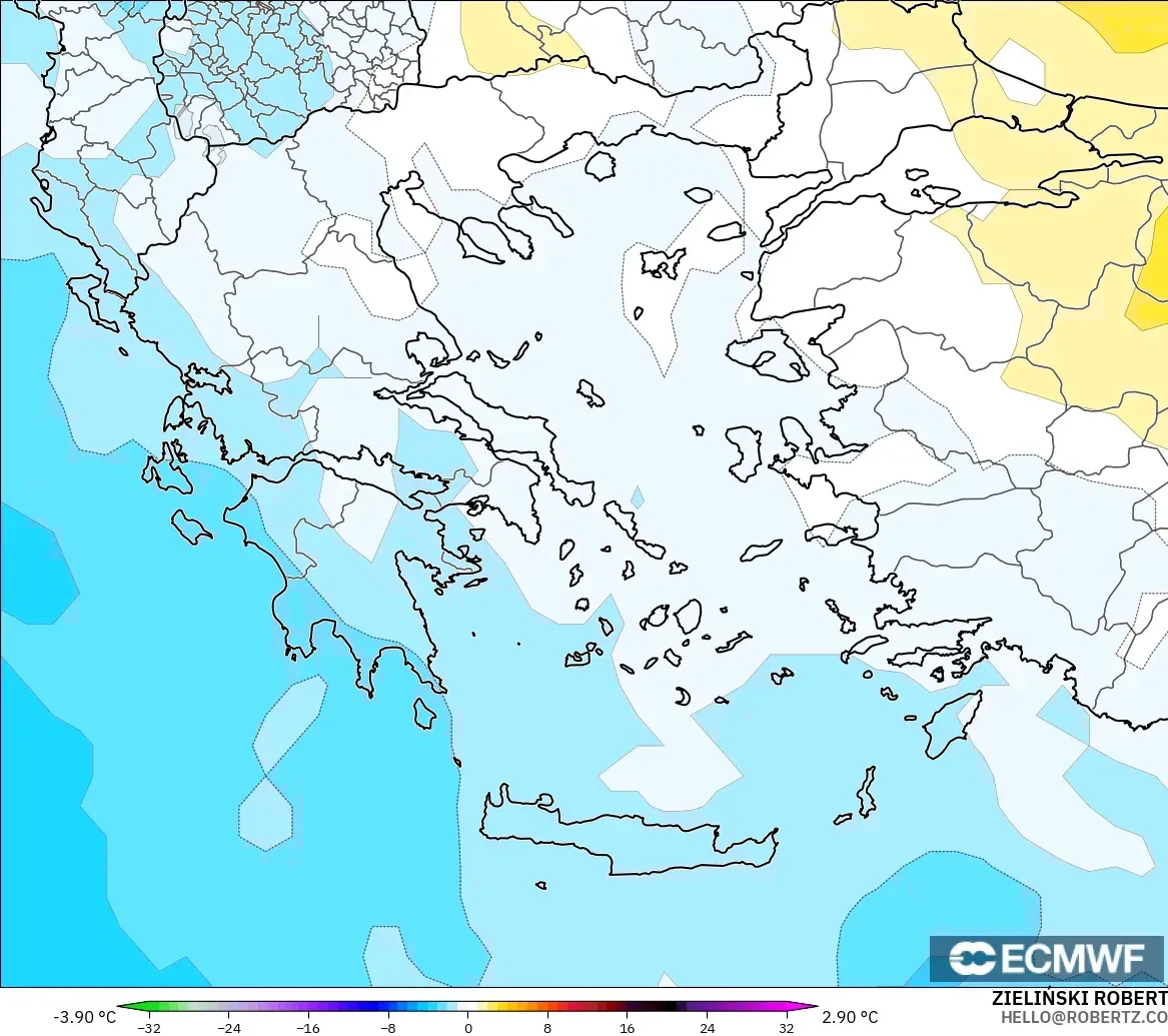 ECMWF IFS 0.25° model - Yunanistan, 850 hPa Sıcaklık Anomalisi