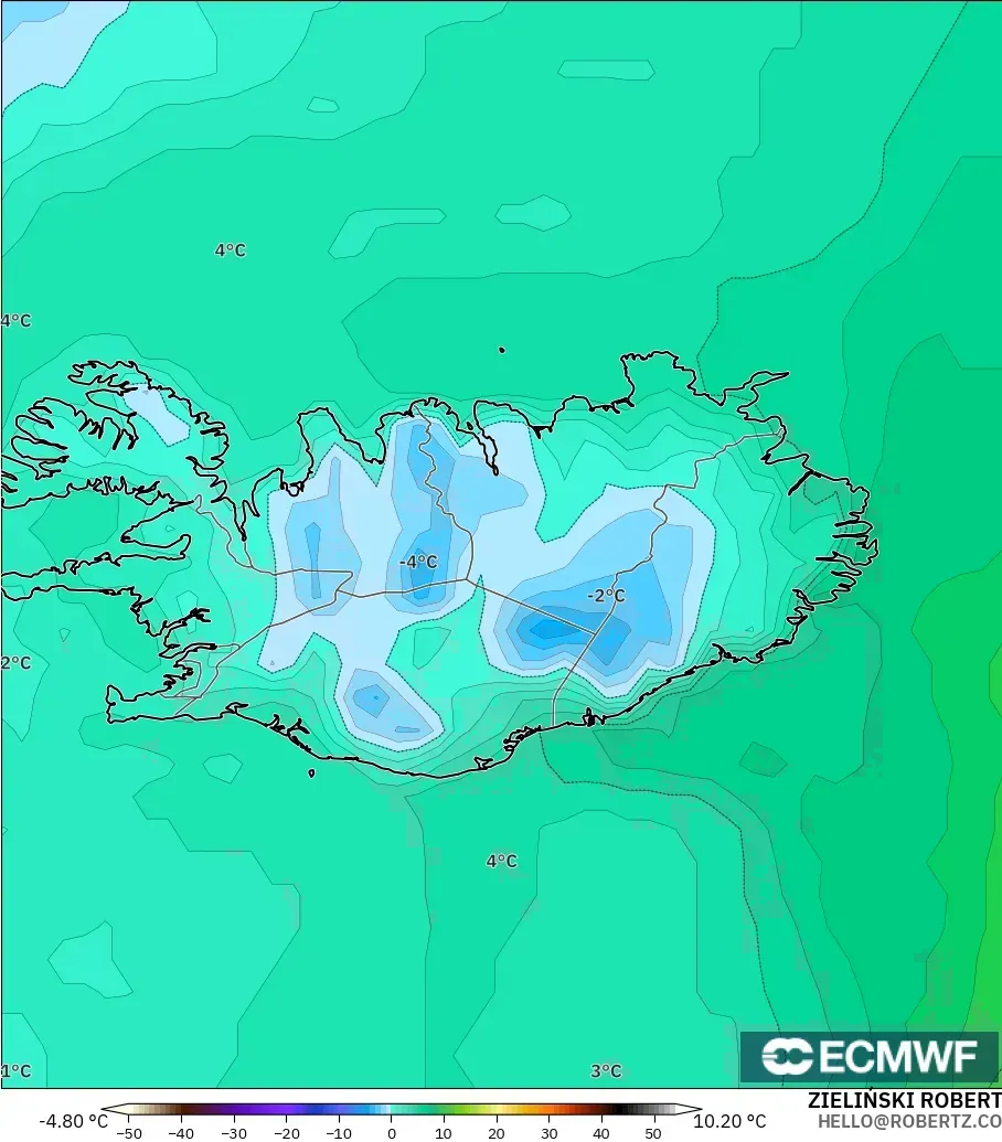 ECMWF IFS 0.25° model - İzlanda, 2 m Çiy Noktası