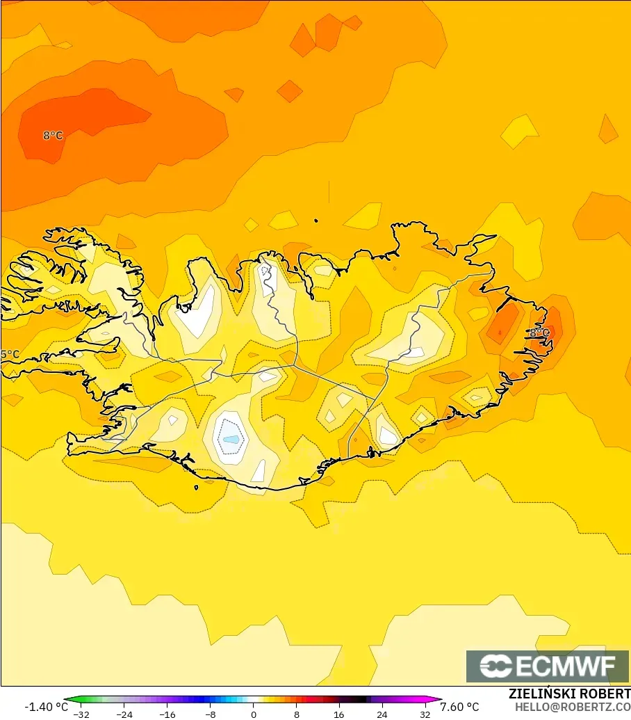ECMWF IFS 0.25° model - İzlanda, 2 m Sıcaklık Anomalisi