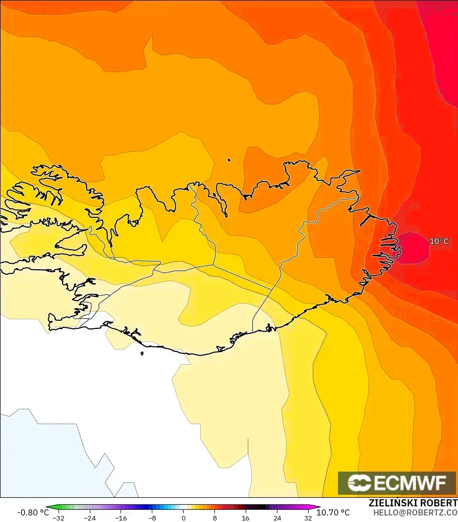 ECMWF IFS 0.25° model - İzlanda, 850 hPa Sıcaklık Anomalisi