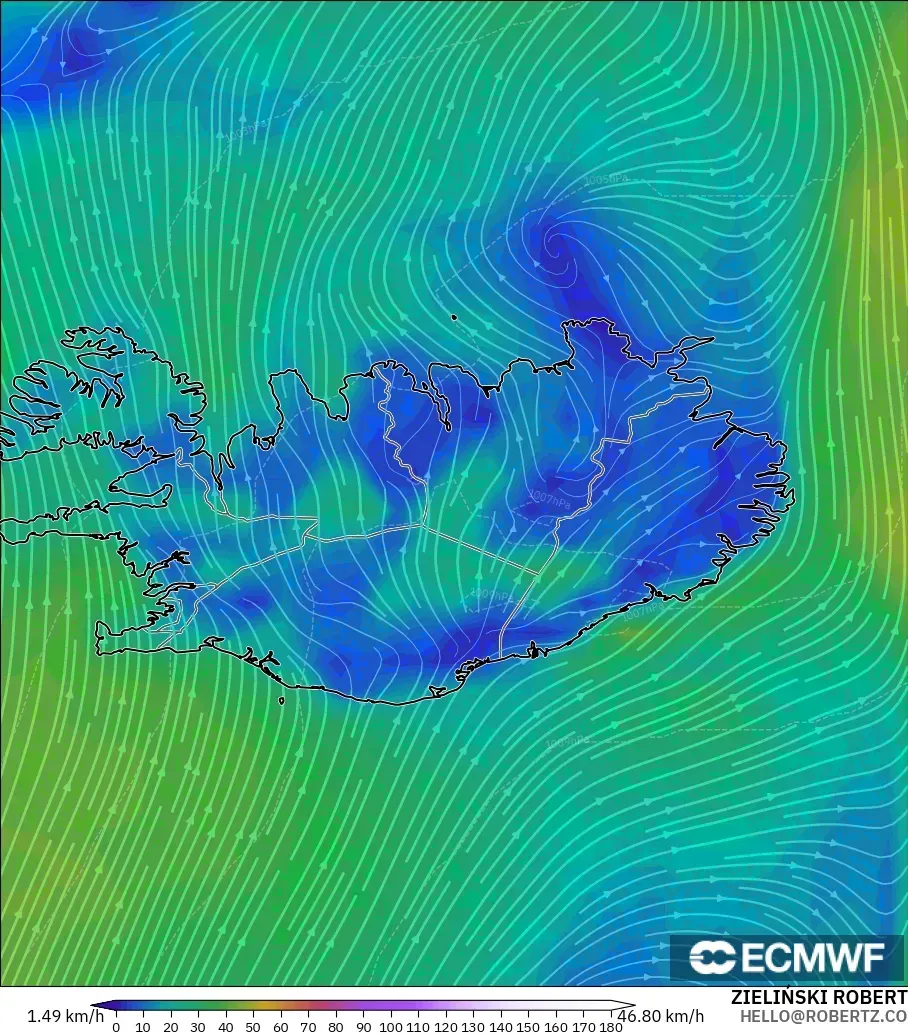 ECMWF IFS 0.25° model - İzlanda, 10 m Rüzgâr