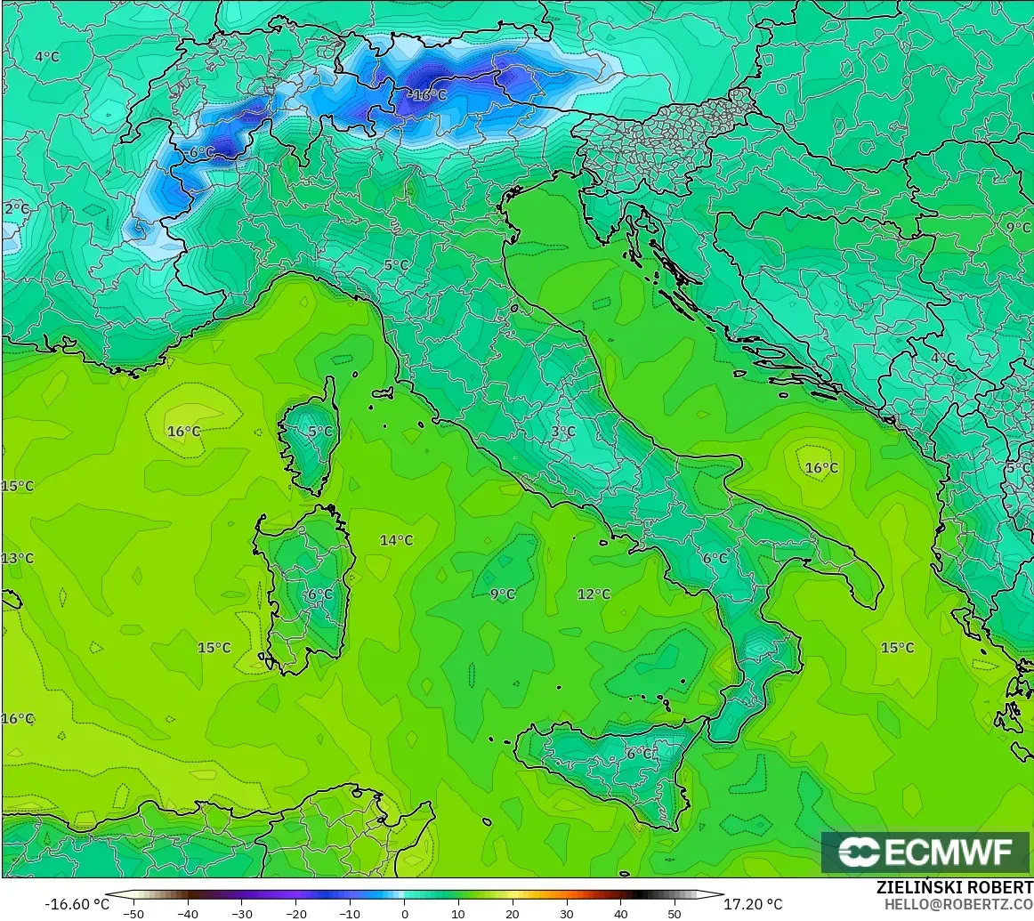 ECMWF IFS 0.25° model - İtalya, 2 m Çiy Noktası