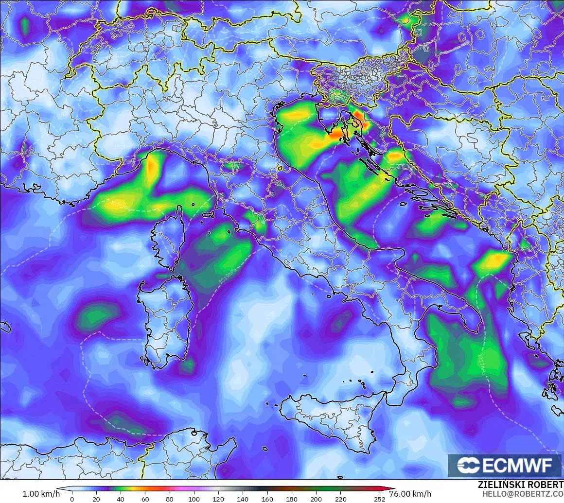 ECMWF IFS 0.25° model - İtalya, En Yüksek Rüzgâr
