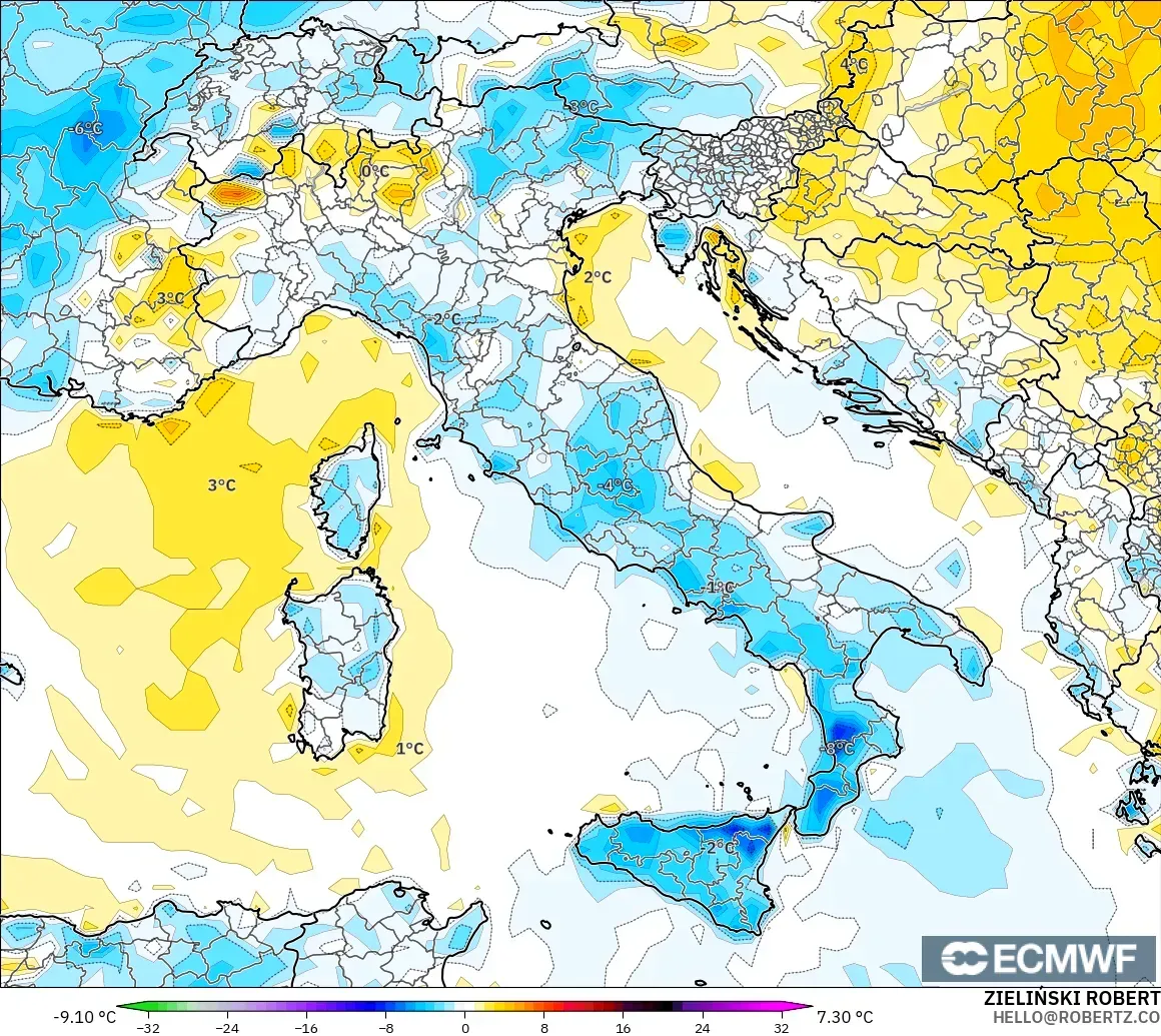 ECMWF IFS 0.25° model - İtalya, 2 m Sıcaklık Anomalisi